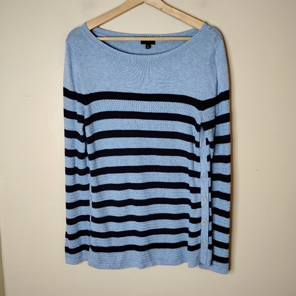 Talbots Waffle Knit Striped Sweater Medium Blue Black Button Side Preppy Coastal - Picture 2 of 7